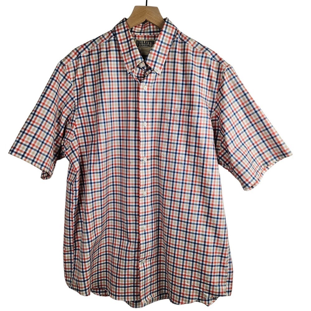 Duluth Trading Plaid Short Sleeve Button Down Shirt Men's L Beige Blue Coral